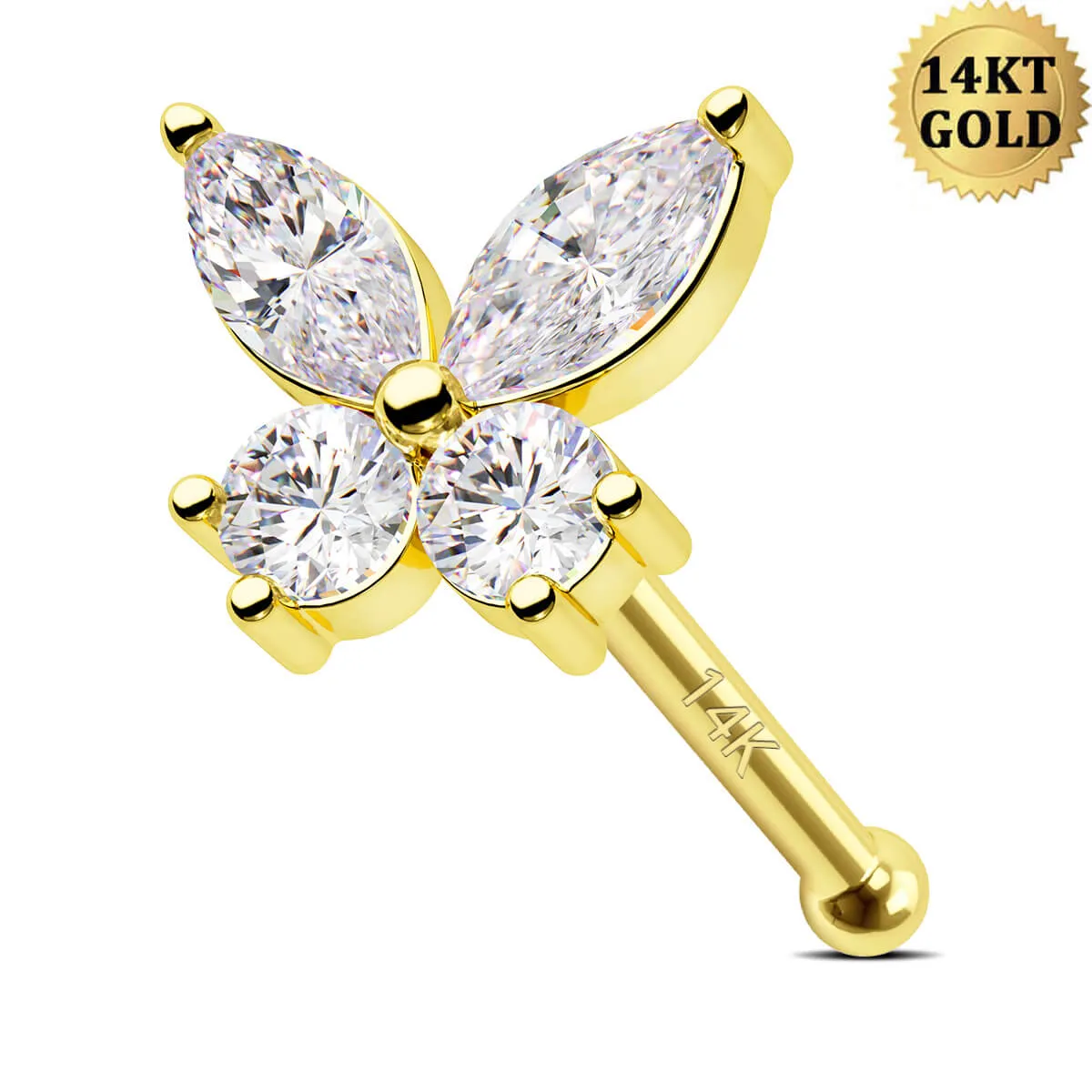 14K Solid Gold 20G Clear CZ Butterfly Top Nose Stud