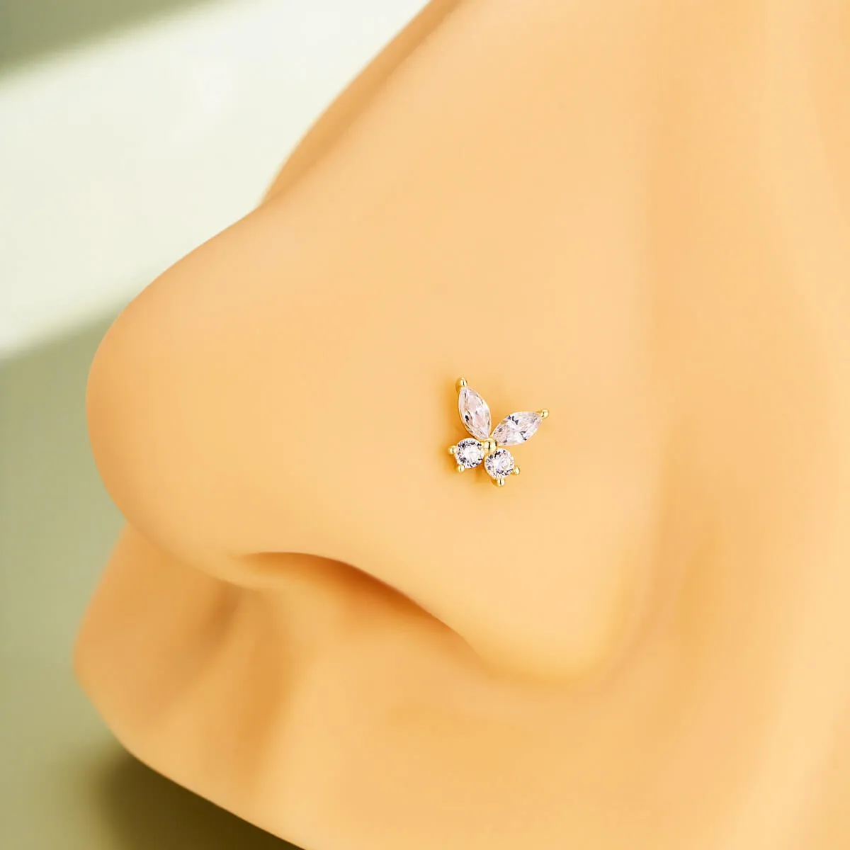 14K Solid Gold 20G Clear CZ Butterfly Top Nose Stud