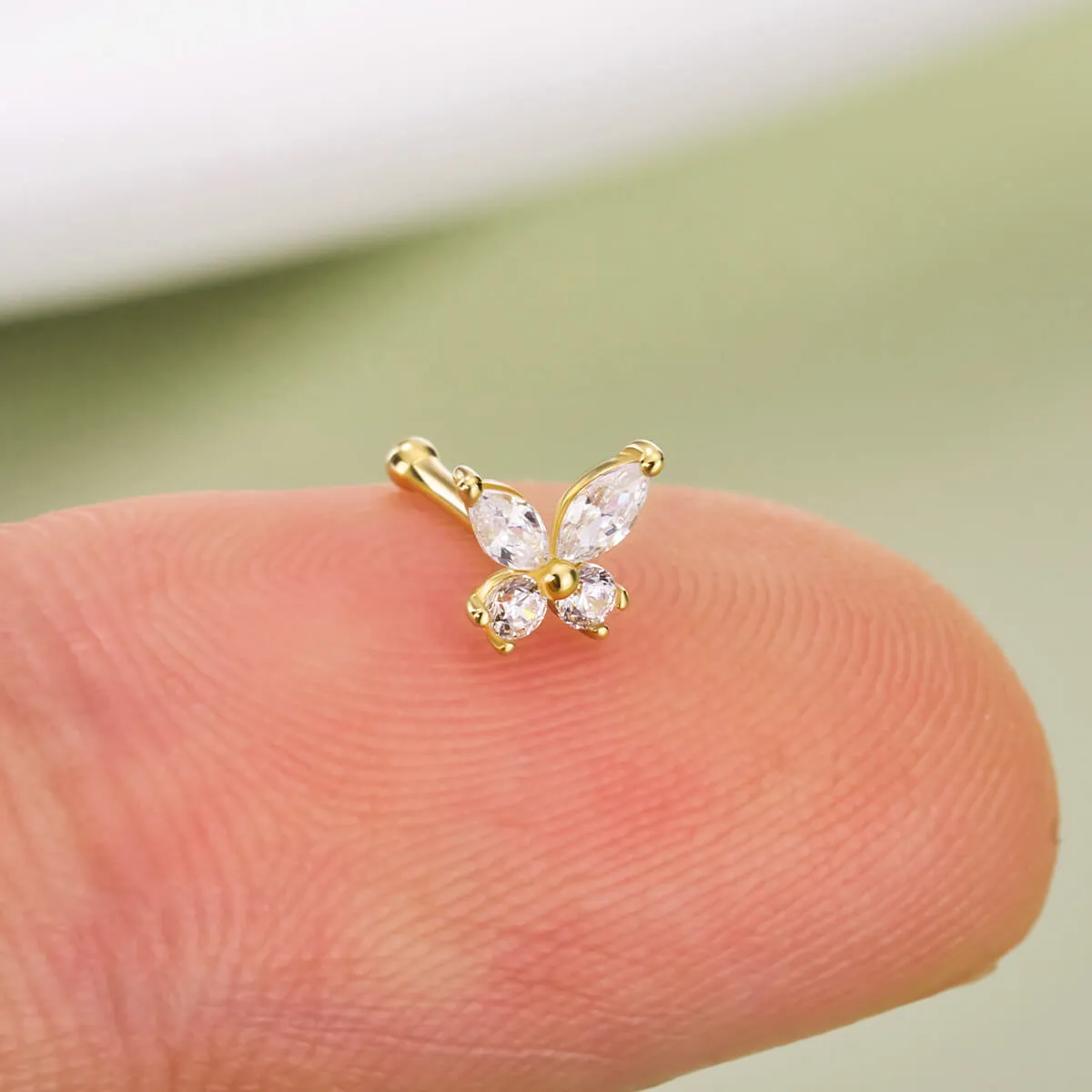 14K Solid Gold 20G Clear CZ Butterfly Top Nose Stud