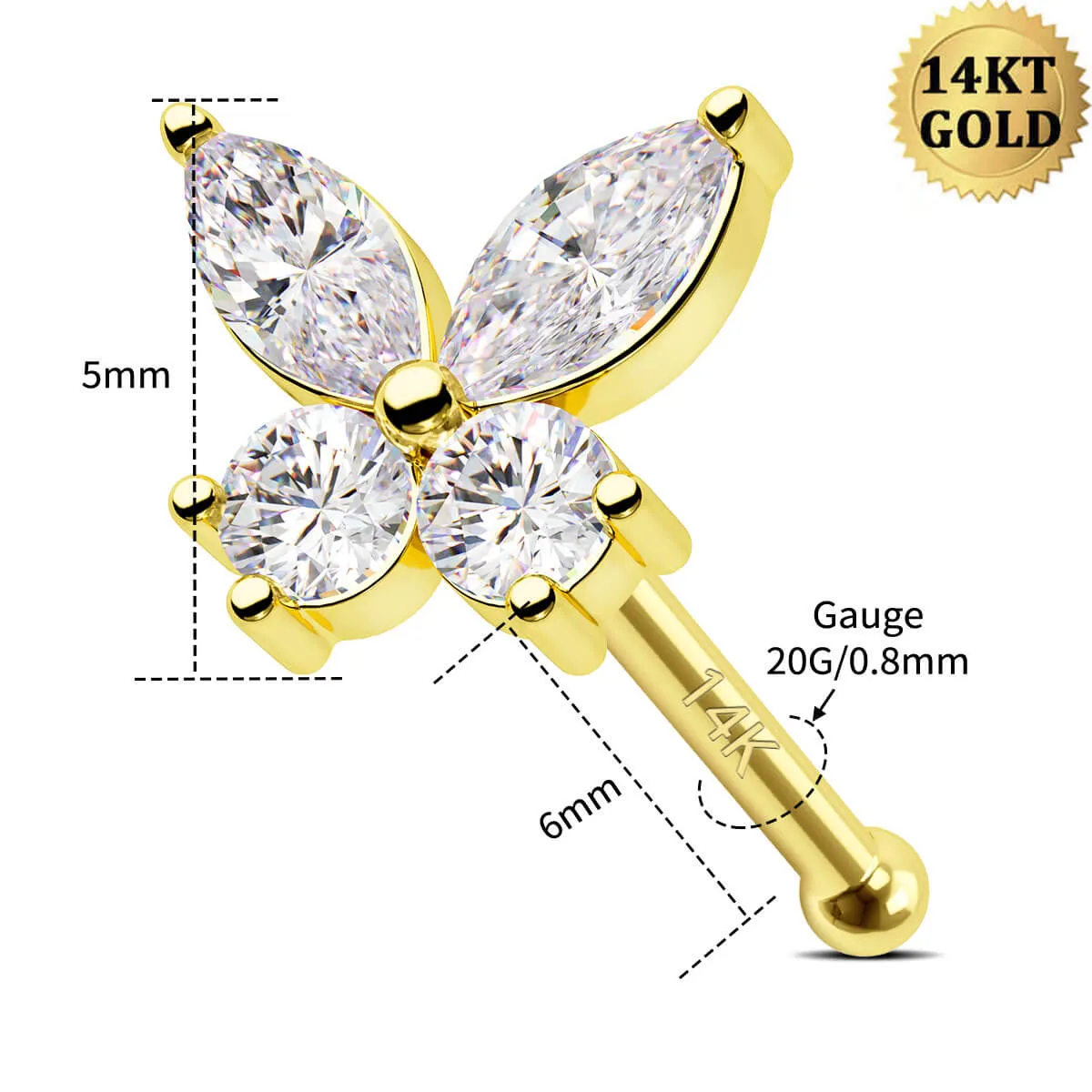 14K Solid Gold 20G Clear CZ Butterfly Top Nose Stud