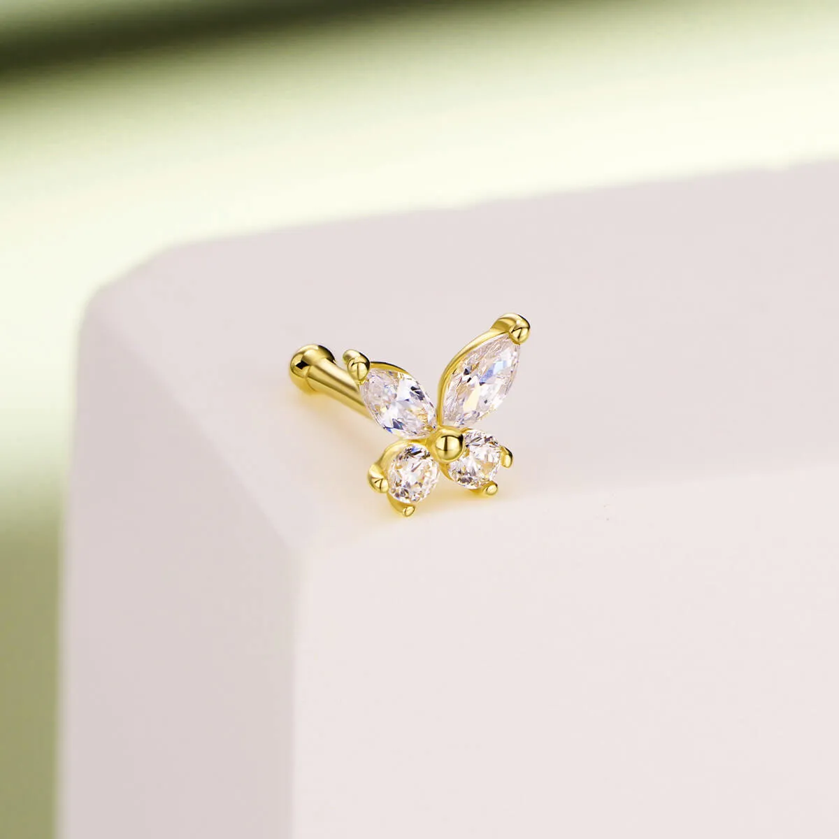 14K Solid Gold 20G Clear CZ Butterfly Top Nose Stud