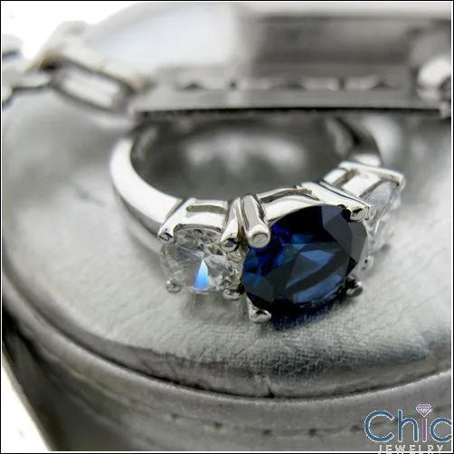 3 Stone 2 Ct Sapphire Round 0.60 Round Diamond Cubic Zirconia Cz Ring