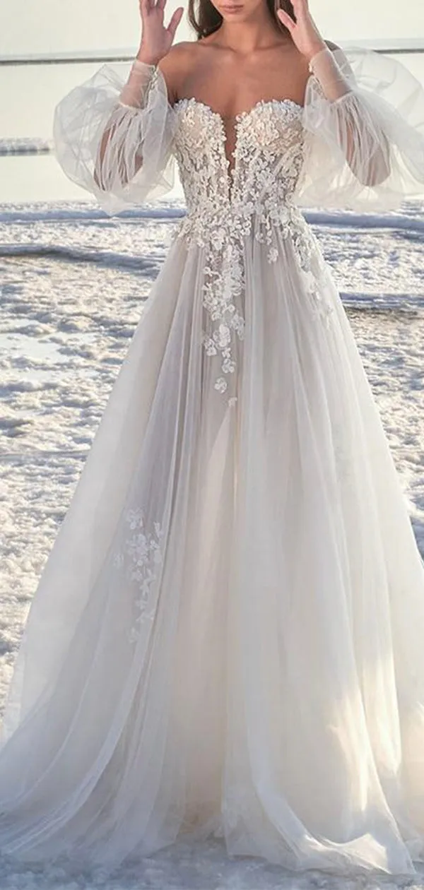 A-line Princess Gorgeous Beach Long Wedding Dresses Online WD080