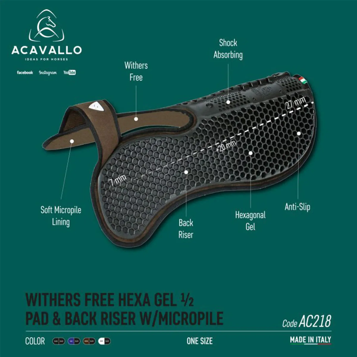 Acavallo Withers Free Hexa Gel 1/2 Pad & Back Riser w/Micropile