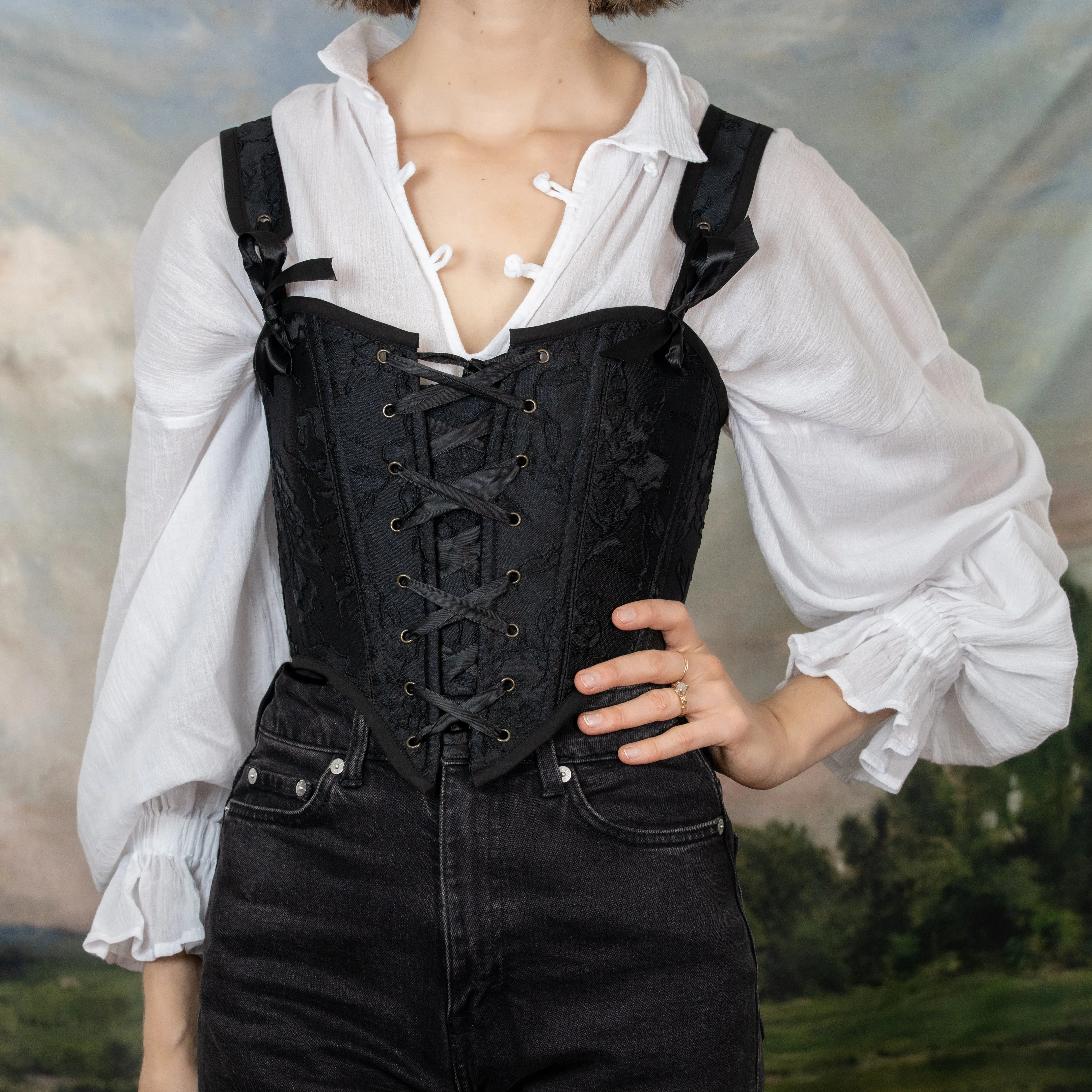 Black Floral Jacquard Corset Top