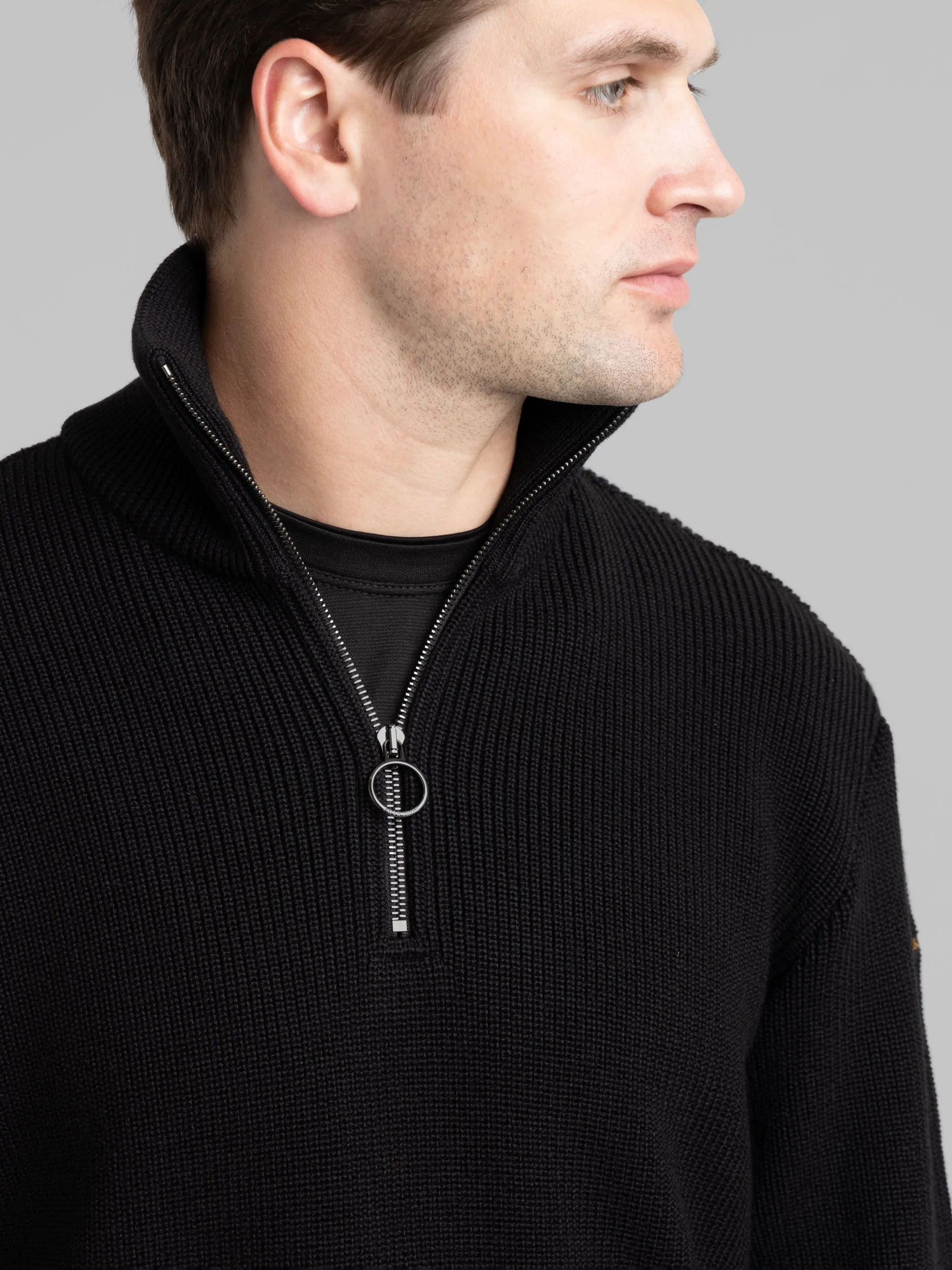 Black Quarter-Zip Ribbed Knit