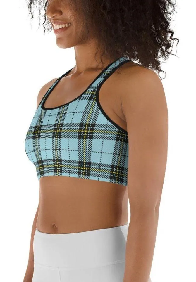 Blue Plaid Print Sports Bra