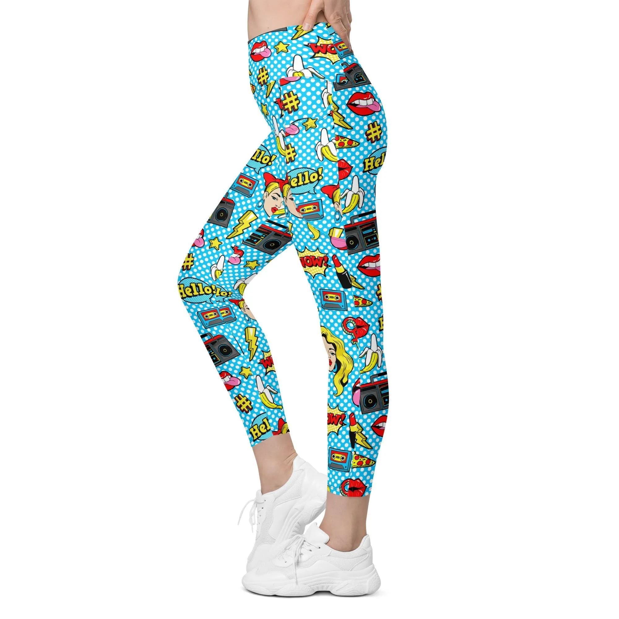 Blue Pop Art Pattern Leggings With Pockets