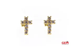 Cubic Zirconia CZ Religious Mini Cross Earrings 14k 585 Yellow Gold