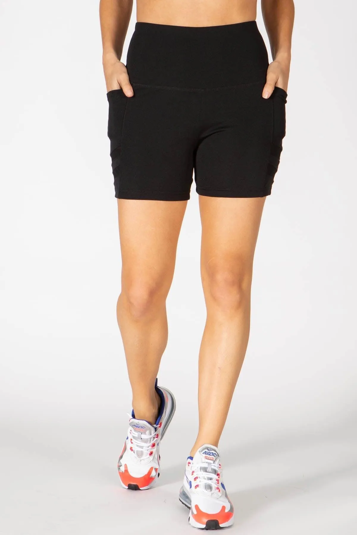 High Waist Biker Shorts With Side Mesh & Pockets - Black