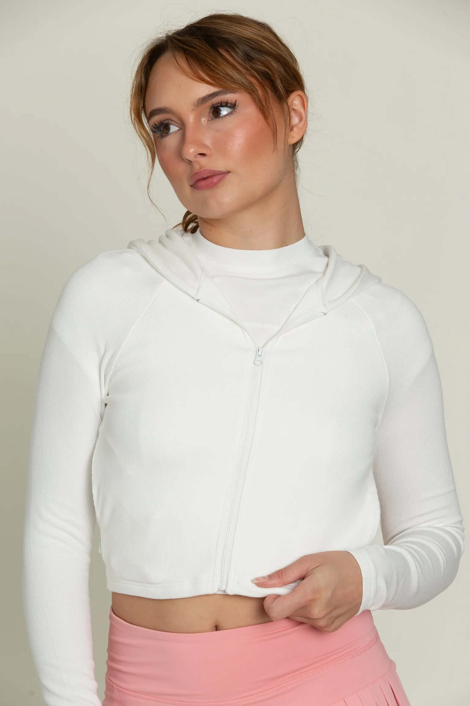 Ivory Ribbed Hoodie Jacket