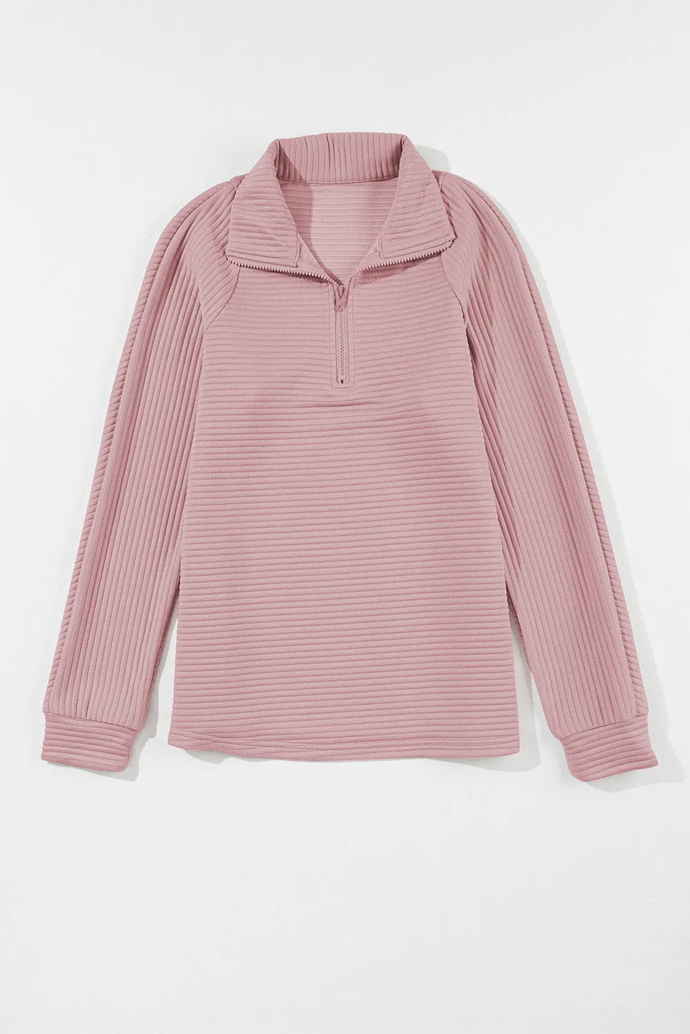 Peach Blossom Ribbed Texture Quarter Zip Sweatshirt