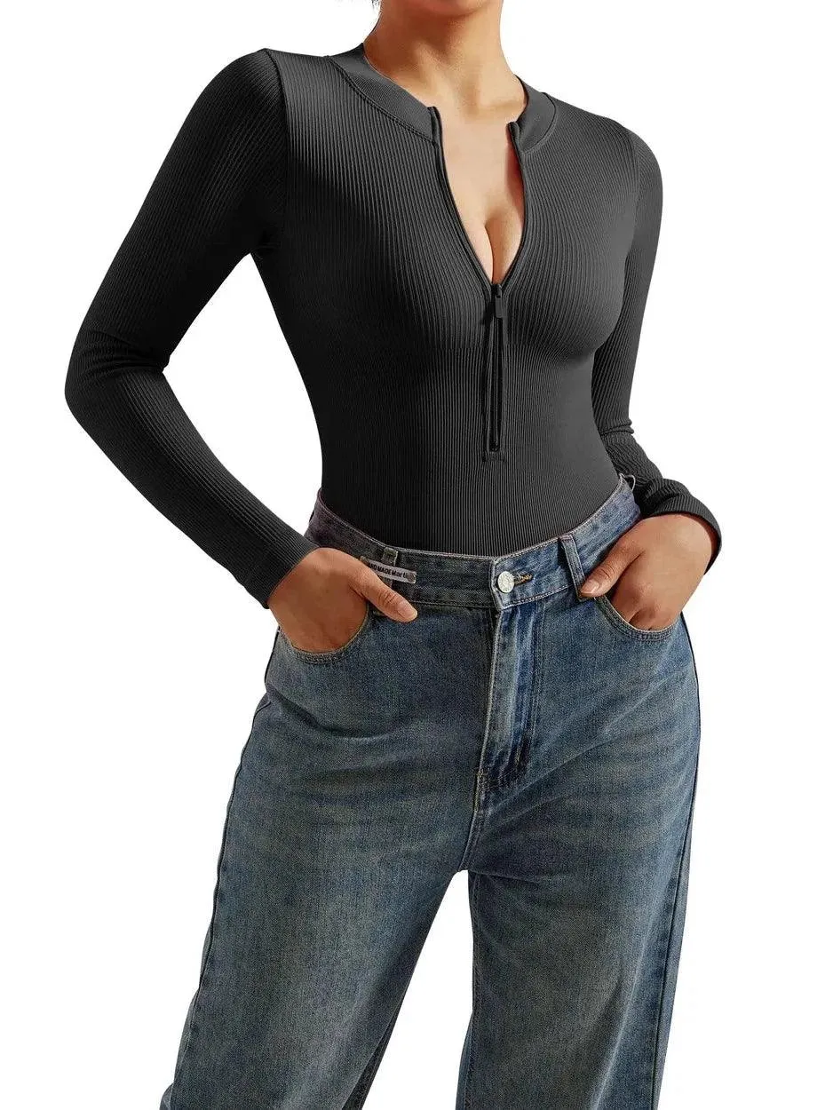 Seamless Ribbed Zip-Up Bodysuit - Long Sleeve