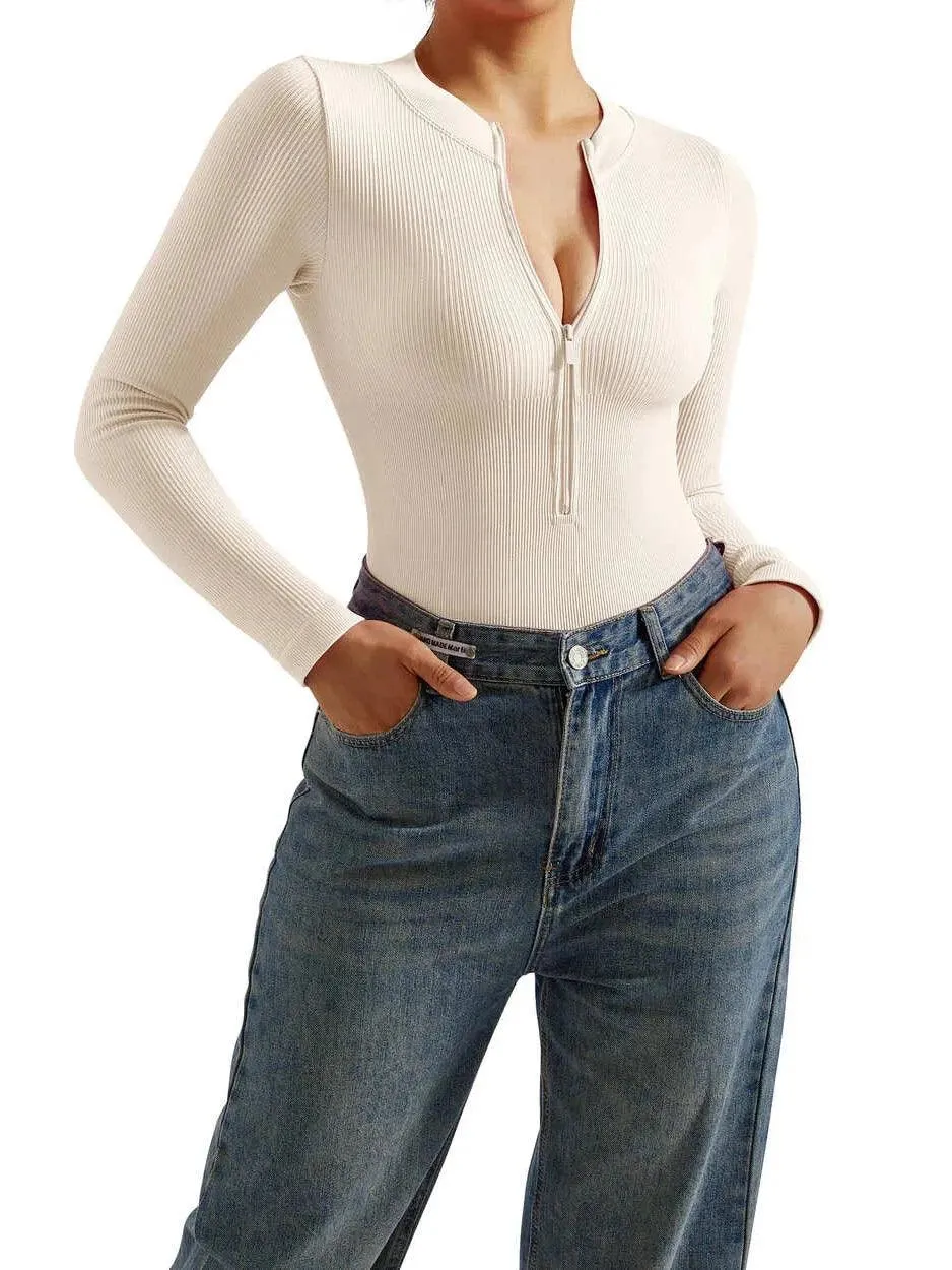 Seamless Ribbed Zip-Up Bodysuit - Long Sleeve