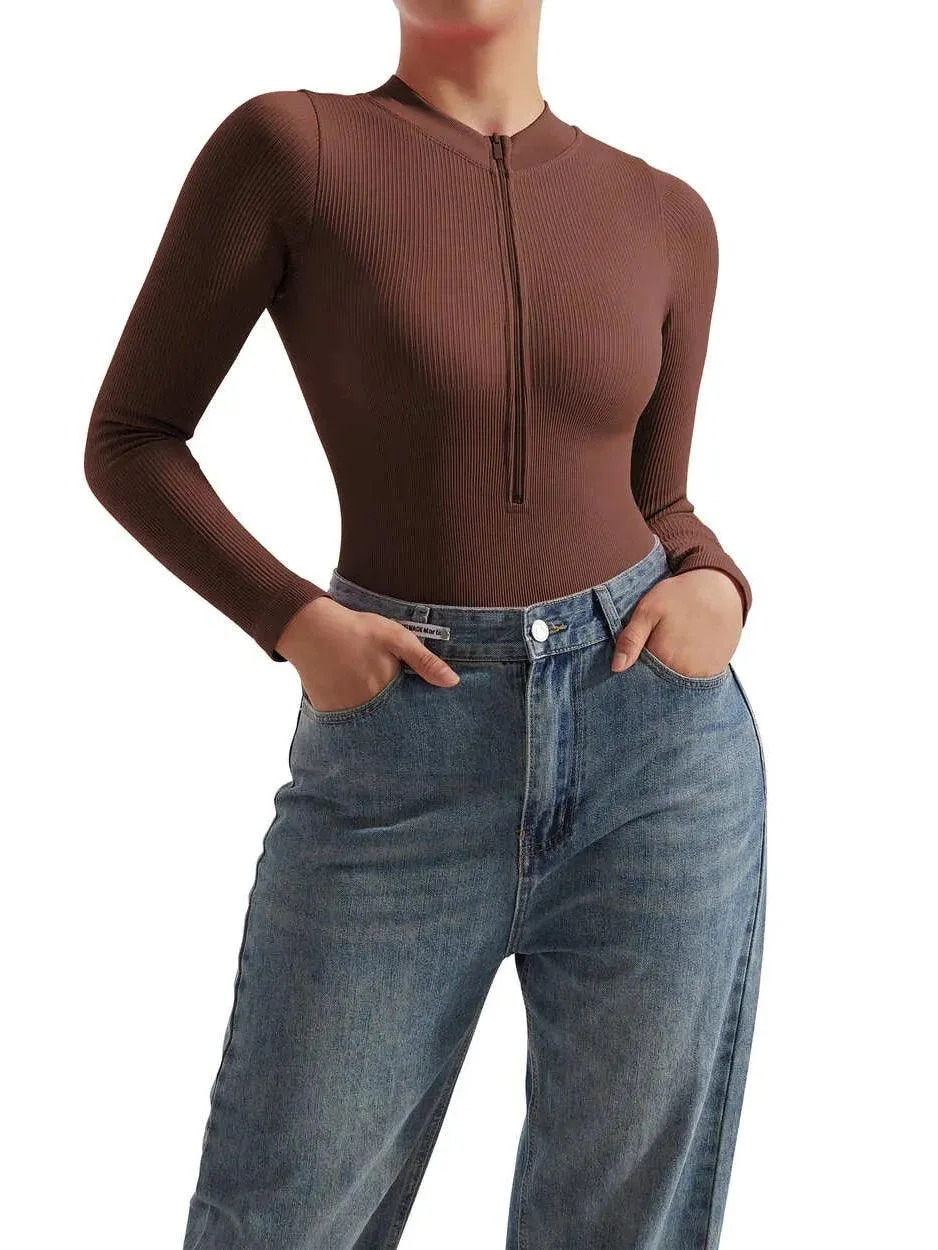 Seamless Ribbed Zip-Up Bodysuit - Long Sleeve