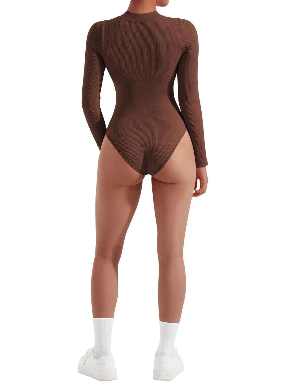 Seamless Ribbed Zip-Up Bodysuit - Long Sleeve