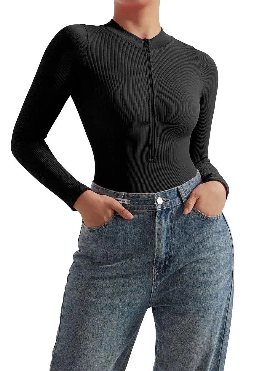 Seamless Ribbed Zip-Up Bodysuit - Long Sleeve