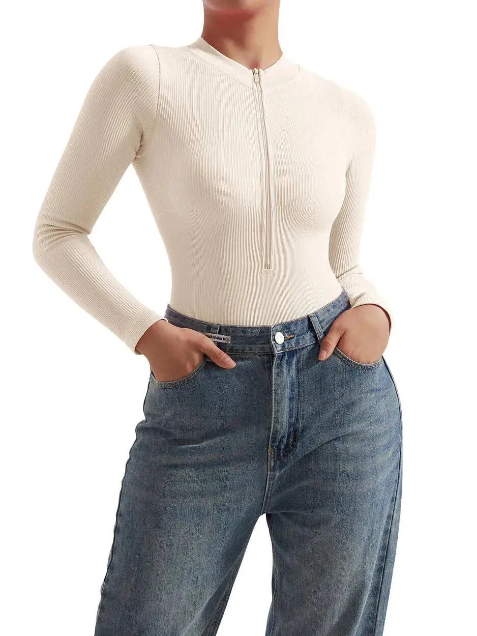 Seamless Ribbed Zip-Up Bodysuit - Long Sleeve