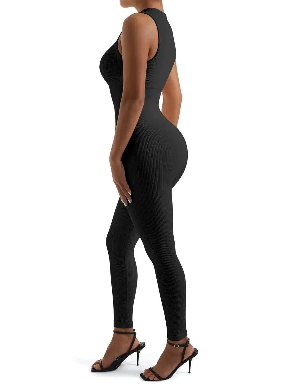 Seamless Ribbed Zip-Up Jumpsuit