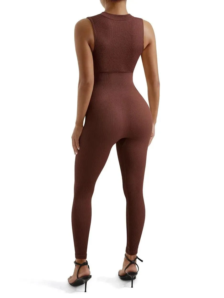 Seamless Ribbed Zip-Up Jumpsuit